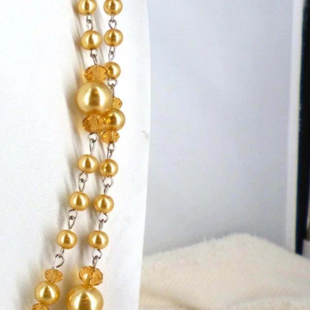 Nolan Miller Necklace Gold Shell Pearls & Crystals 42" 1980s NWOT Perfect - Picture 2 of 4